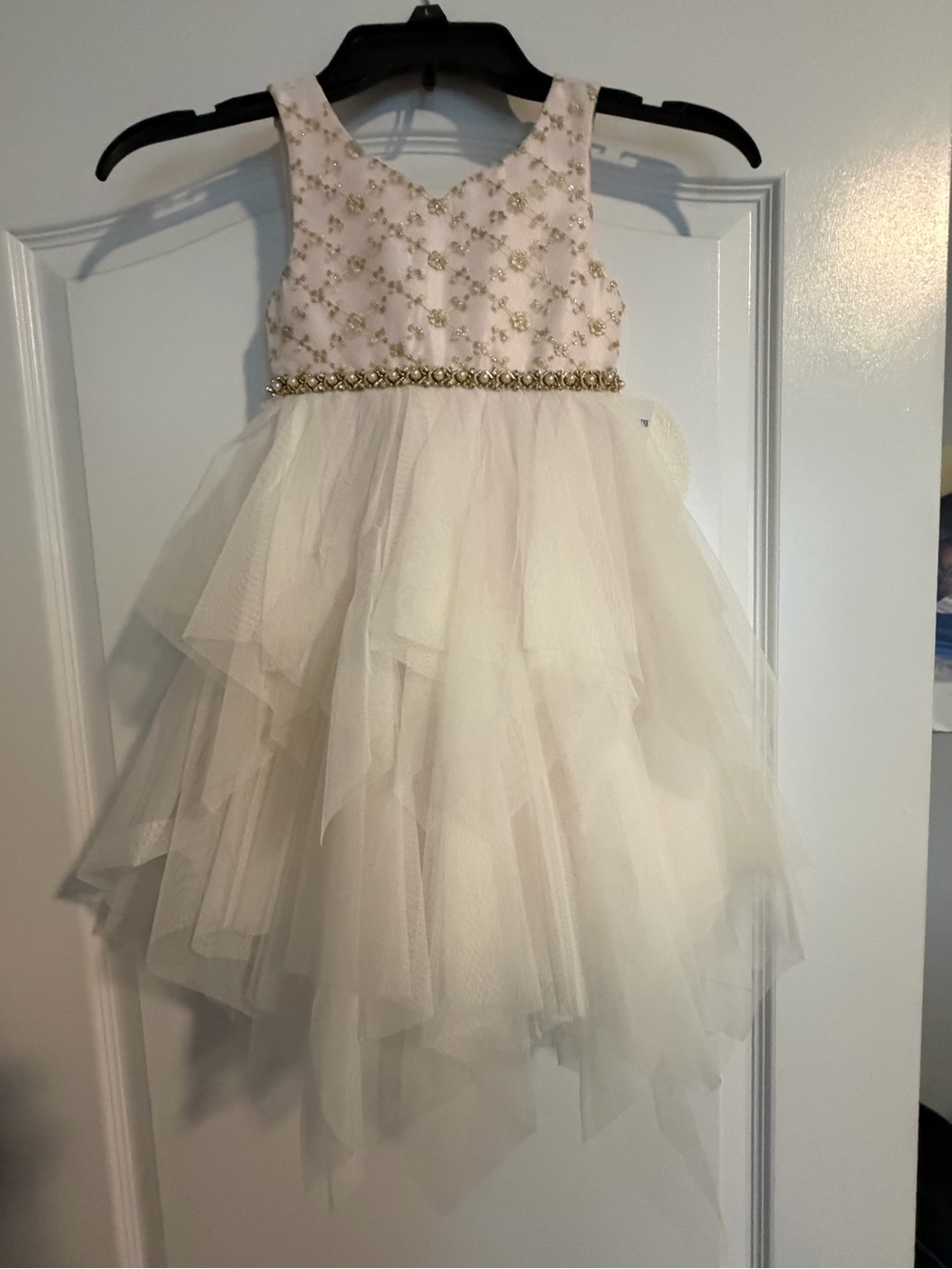 Tag On -4T Girls Creamy White Tulle Dress with Gold Embellished Waist